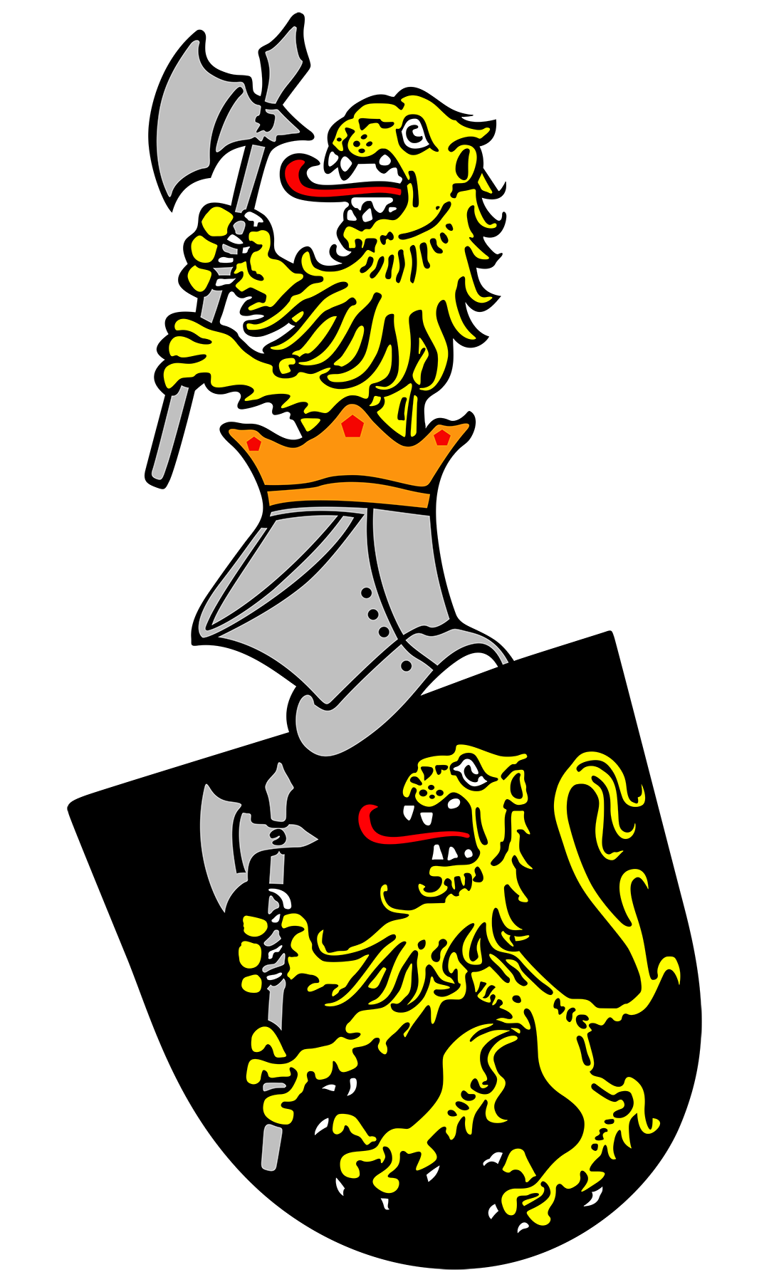 Logo von Freiesleben Public Health Consulting. Das Wappen zeigt zwei sich übereinander befindende Löwen mit je einer Hellebarde. Der untere Löwe befindet sich auf schwarzem Grund. Der obere Löwe ragt aus einerm Helm mit einer Krone hinaus.